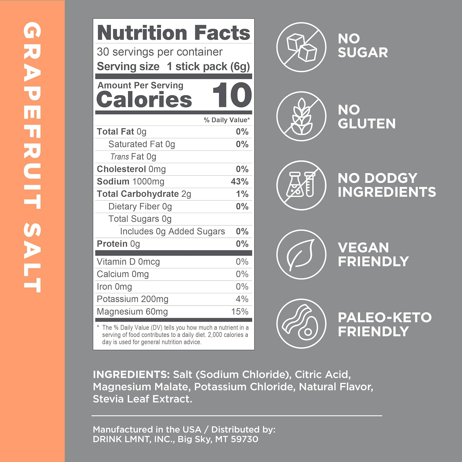LMNT Recharge Electrolyte Drink Mix - Grapefruit Salt Flavor, Zero Sugar, Keto-Friendly Hydration Powder, 30 Convenient Packets