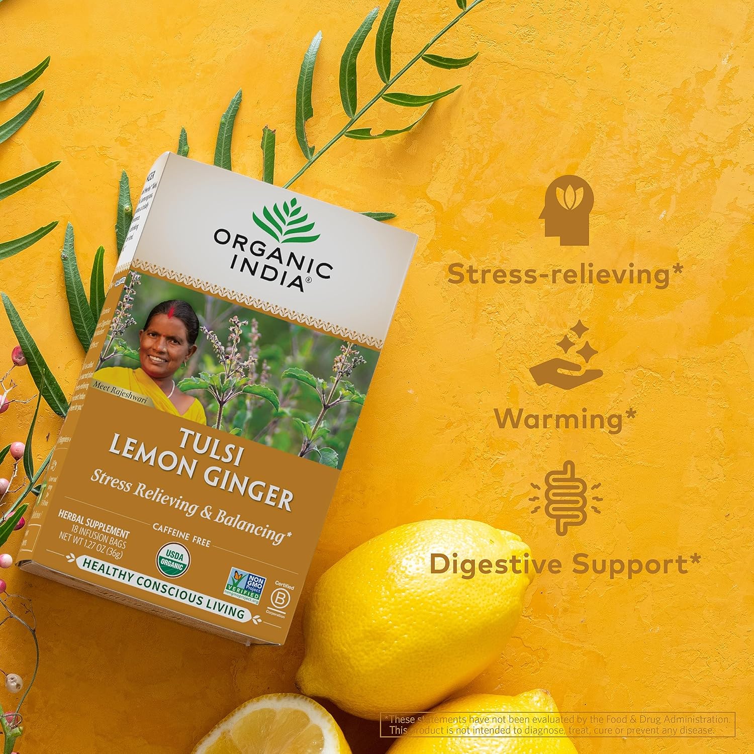 Tulsi Lemon Ginger Tea 18 Bags – Organic Herbal Tea for Digestion, Immunity Boost, and Energizing Refreshment