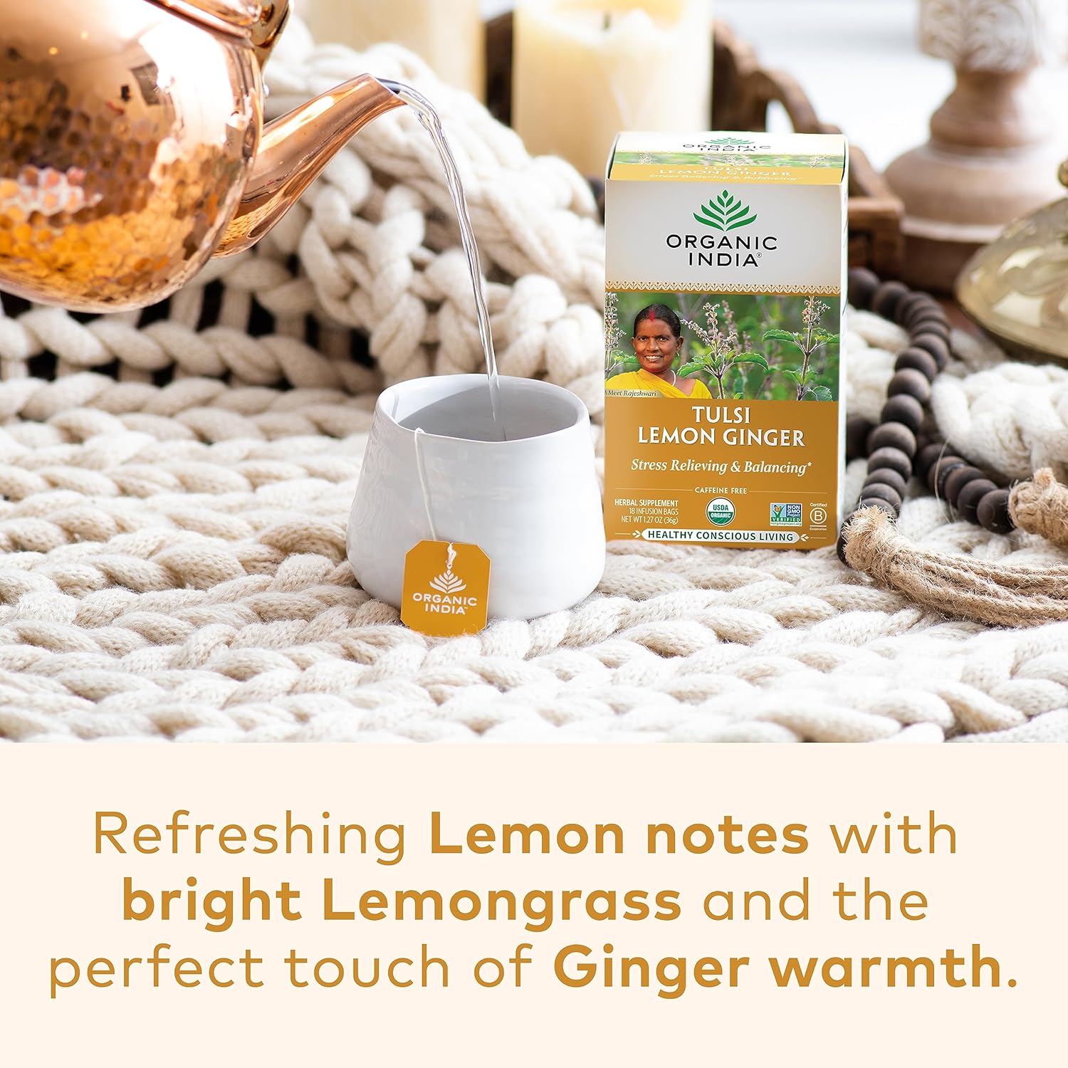 Tulsi Lemon Ginger Tea 18 Bags – Organic Herbal Tea for Digestion, Immunity Boost, and Energizing Refreshment