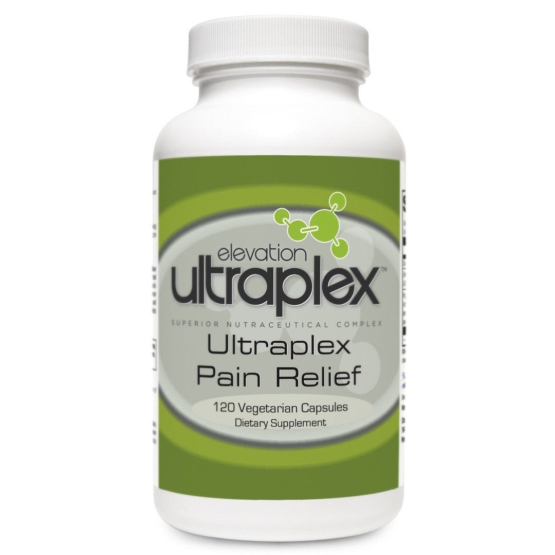 UltraPlex Pain Relief (120 vegetarian capsules) bottle with clear label displayed for natural pain relief.